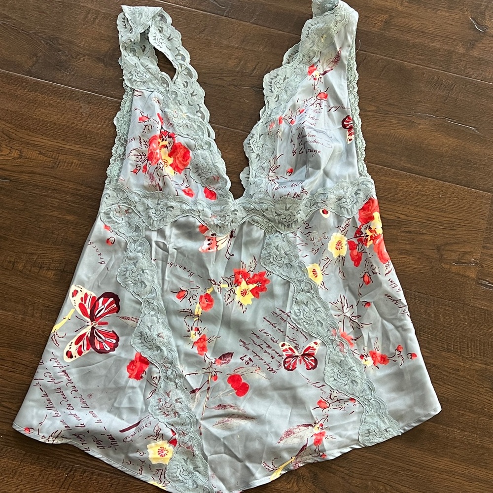 Free People Floral Lace Trim Satin Top